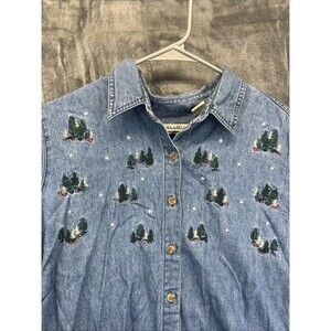 Classic Elements Women L Denim Top XL Blue Embroidered Christmas Trees